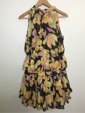 Reset | Black Floral Tiered Ruffle Dress with Yellow and Pink Blooms